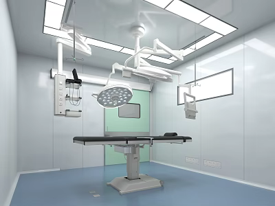 Modern Operating Room Interior With Surgical Table Overhead Lights Medical Equipment And Clean Floor 3d model