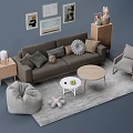 Cozy Green Brown Sofa and Coffee Table Set with Decorative Paintings Side Chair and Gray Wall