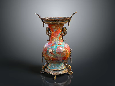 Traditional Colorful Vase Shaped Metal Sculpture With Intricate Carvings Dragon Motifs And Enamel Details 3d model