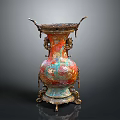 Traditional Colorful Vase Shaped Metal Sculpture With Intricate Carvings Dragon Motifs And Enamel Details