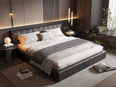 Modern Bedroom With Black Leather Headboard White Bedding Checkered Blanket Nightstand Lamp and Green Plant 3d model