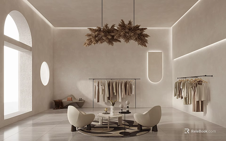 Scandinavian Style Clothing Store Interior With Hanging Clothes Racks And Armchairs 3d model 