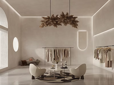 Scandinavian Style Clothing Store Interior With Hanging Clothes Racks And Armchairs 3d model