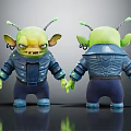 Green Alien Character Figure With Antennae Blue Jacket And Pants Front And Back View 3d model