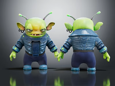 Green Alien Character Figure With Antennae Blue Jacket And Pants Front And Back View 3d model