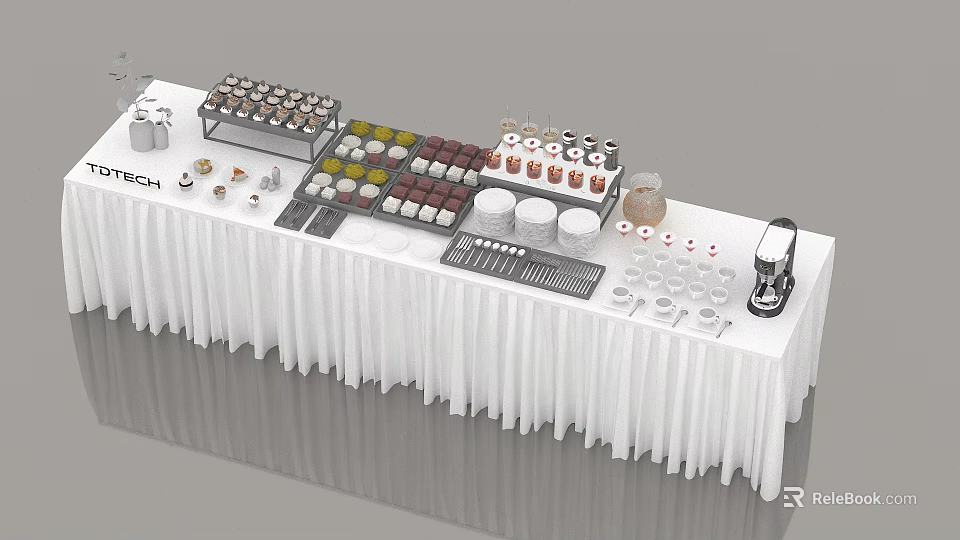 Buffet Table with Variety of Food Desserts Beverages White Tablecloth Coffee Machine and Cups 3d model 