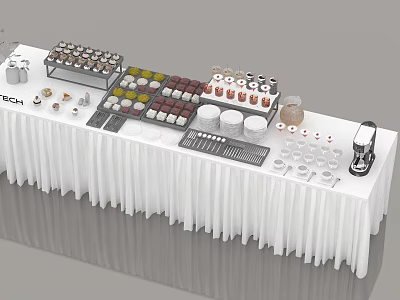 Buffet Table with Variety of Food Desserts Beverages White Tablecloth Coffee Machine and Cups 3d model