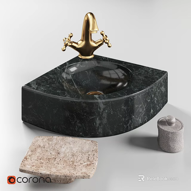 Black Marble Wash Basin With Golden Faucet And Stone Slab 3d model 