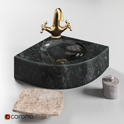Black Marble Wash Basin With Golden Faucet And Stone Slab 3d model