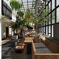 Bright Lounge Area With Large Windows Natural Light Potted Trees Comfortable Sofas And Wooden Decor