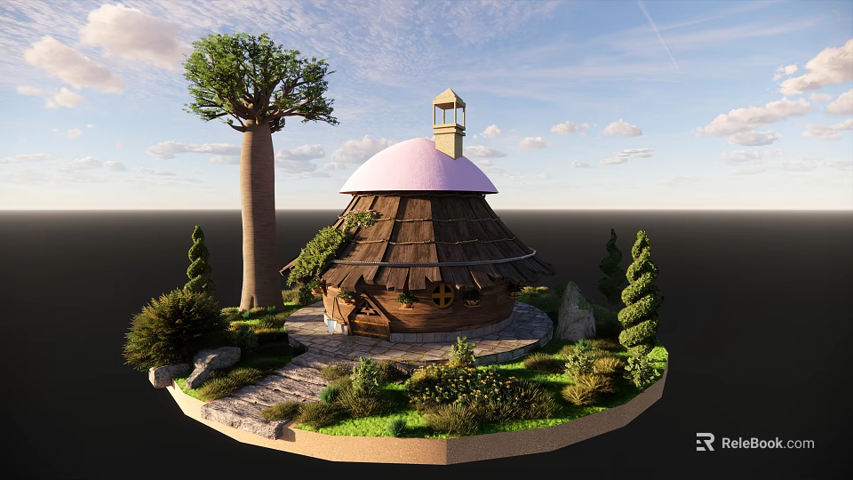 Cartoon Scene Featuring Thatched Hut with Pink Dome Baobab Tree Bushes and Stone Path 3d model 