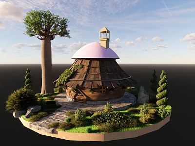 Cartoon Scene Featuring Thatched Hut with Pink Dome Baobab Tree Bushes and Stone Path 3d model