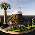 Cartoon Scene Featuring Thatched Hut with Pink Dome Baobab Tree Bushes and Stone Path