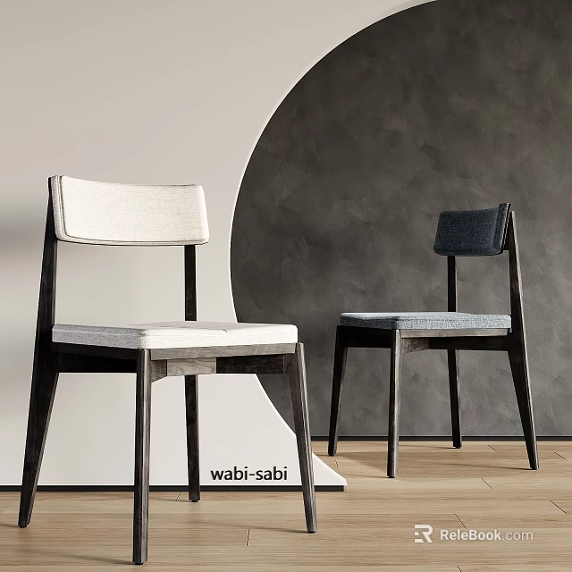 Wabi Sabi Style Dining Chairs with White and Dark Upholstered Seats and Wooden Frames 3d model 