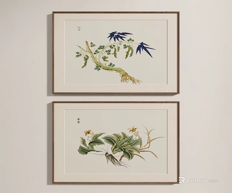 Chinese Style Framed Artworks With Bamboo Leaves And Flower Plant Designs Hanging On White Wall 3d model 