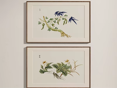 Chinese Style Framed Artworks With Bamboo Leaves And Flower Plant Designs Hanging On White Wall 3d model