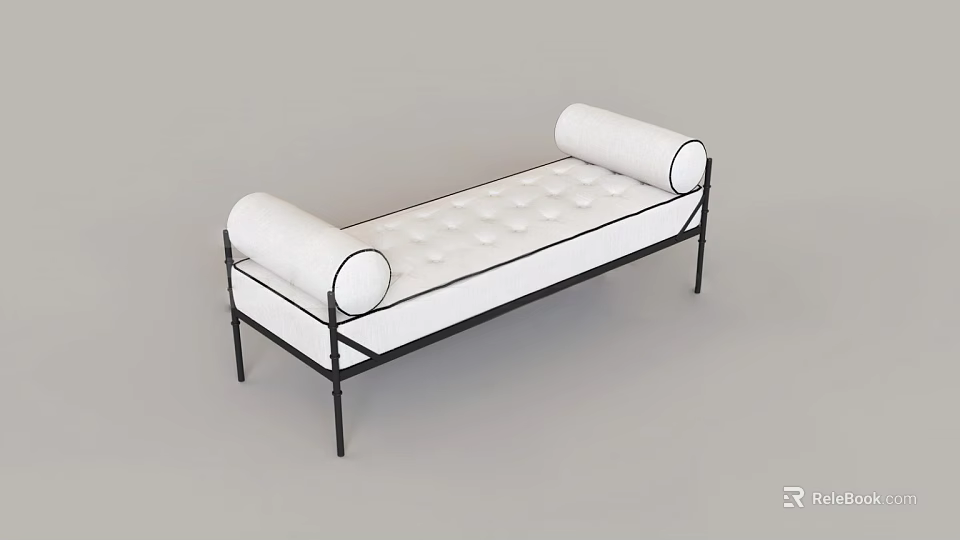 Modern White Upholstered Footstool With Button Tufted Seat Cylindrical Arms And Black Metal Frame 3d model 