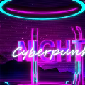 Cyberpunk Stage With Purple Blue Neon Lights Rings And Geometric Decorations