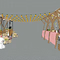 Vibrant Market Stall Setup With Wooden Canopy String Lights Pink Balloons And Seating Area