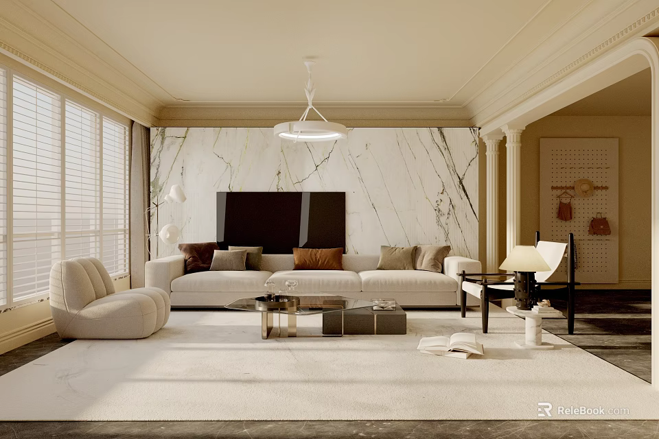 Beige Living Room Interior With Marble Accent Wall TV Sofa Floor Lamp And Rug 3d model 