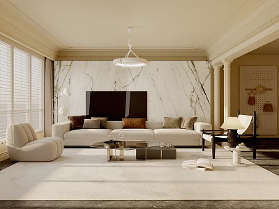Beige Living Room Interior With Marble Accent Wall TV Sofa Floor Lamp And Rug 3d model