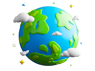Cartoon Earth Illustration With Blue Oceans Green Lands White Clouds And Colorful Stars 3d model