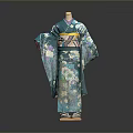 Traditional Green Kimono With Floral Patterns And Obi Belt For Daily Use