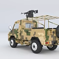 Military Style Utility Vehicle With Camouflage Paint Roof Mounted Machine Gun And Off Road Capabilities