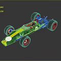Green and yellow race car model with four wheels white dot and reflective gray background