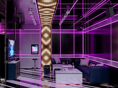 Modern KTV Room With Purple Lighting Neon Lines Sofa Coffee Table And TV Screen 3d model