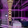 Modern KTV Room With Purple Lighting Neon Lines Sofa Coffee Table And TV Screen