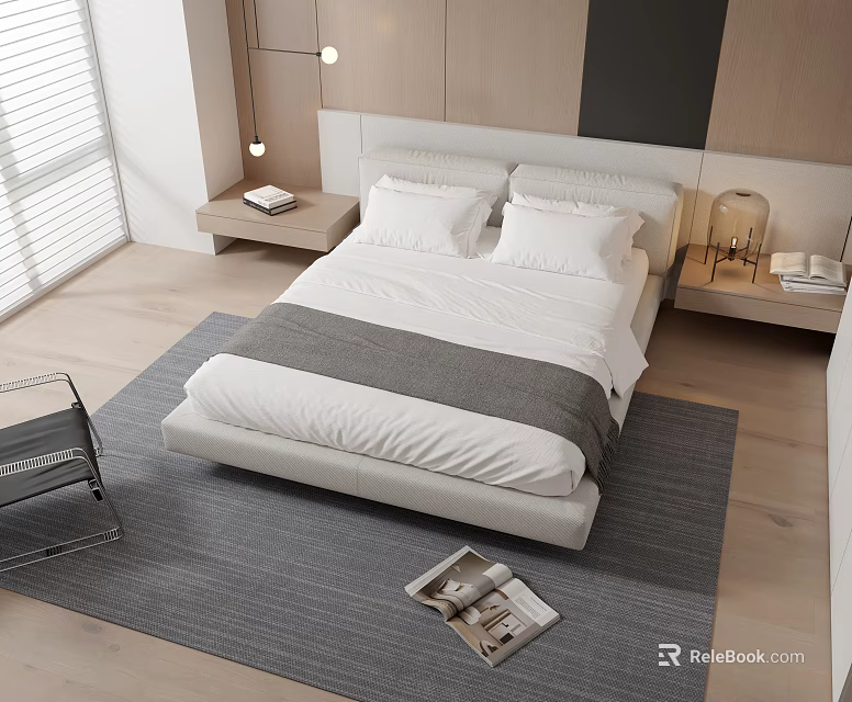 Modern Double Bed in Bedroom with White Bedding Gray Blanket Bedside Tables and Table Lamps 3d model 