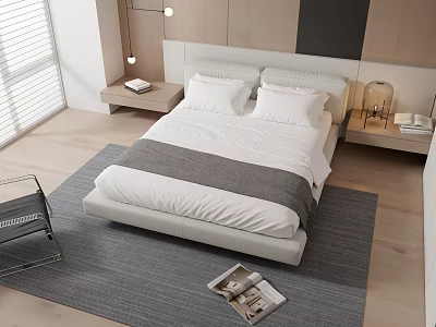 Modern Double Bed in Bedroom with White Bedding Gray Blanket Bedside Tables and Table Lamps 3d model