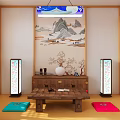 Hotel Guest Room Interior With Blue White Red Fan Shaped Decoration Wooden Nightstand And Chair