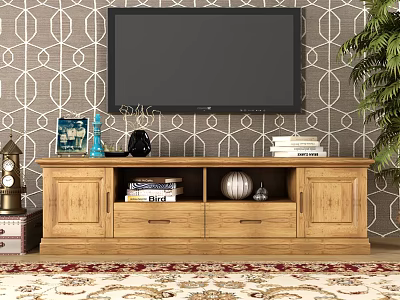 Wooden TV Stand With Drawers Cabinets And Decorative Items Near Green Plant 3d model