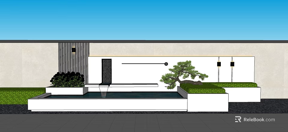 Modern Feature Wall Design With Stone Surface Green Plants And Water Element 3d model