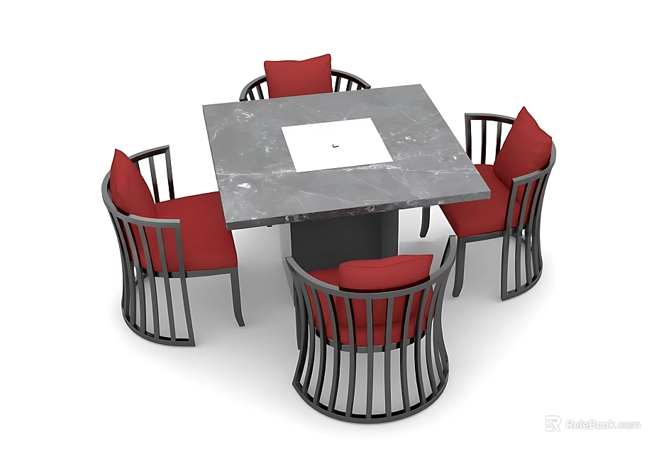 Modern Square Dining Table Set With Marble Tabletop And Red Cushioned Metal Chairs 3d model 