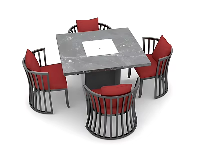 Modern Square Dining Table Set With Marble Tabletop And Red Cushioned Metal Chairs 3d model