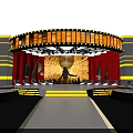 Elegant Curved Stage Design With Yellow Lights Red Curtains And Circular Decorations
