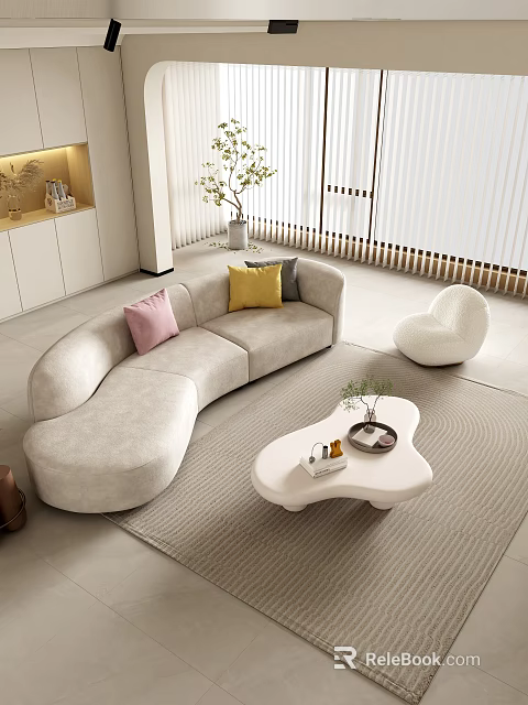 Modern Curved Light Gray Sofa With Colorful Cushions And White Irregular Shaped Coffee Table Set In Minimalist Living Room 3d model 