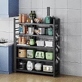 Black Multi Tiered Bathroom Cabinet Shelf With Organized Storage Items And Tile Wall Background