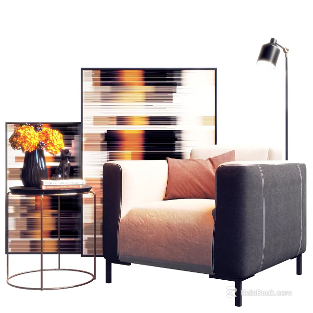 Modern Single Sofa With Brown Cushion Side Table Vase Yellow Flowers Decorative Painting And Floor Lamp 3d model 