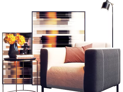 Modern Single Sofa With Brown Cushion Side Table Vase Yellow Flowers Decorative Painting And Floor Lamp 3d model