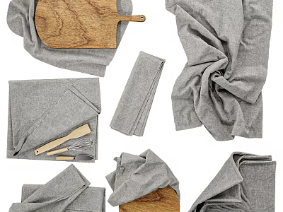 Gray Linen Table Linens With Wooden Cutting Board And Utensils Dinnerware Set For Kitchen 3d model