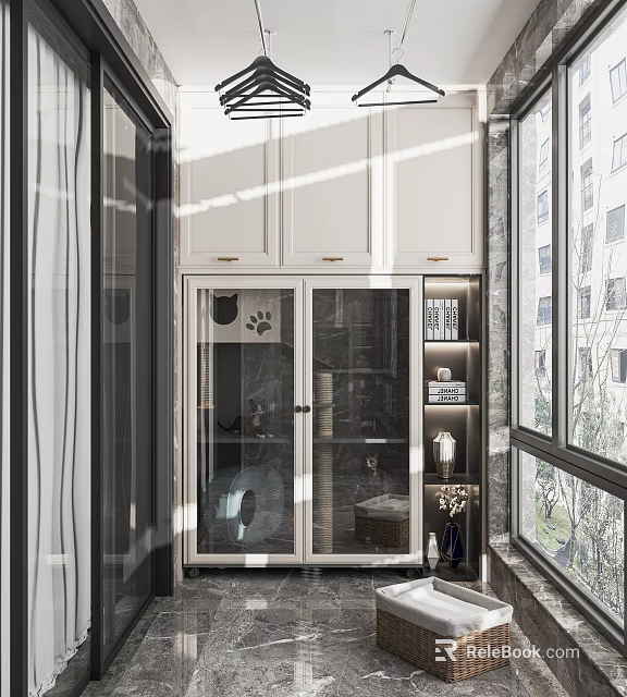 Modern Home Balcony Design With Glass Doors Storage Cabinets And Green Plants 3d model 