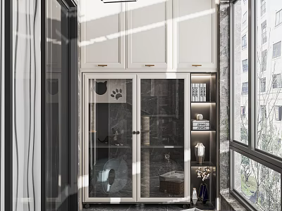 Modern Home Balcony Design With Glass Doors Storage Cabinets And Green Plants 3d model