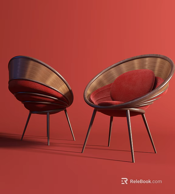 Two Modern Accent Chairs with Red Upholstery and Circular Metal Frame Design 3d model 