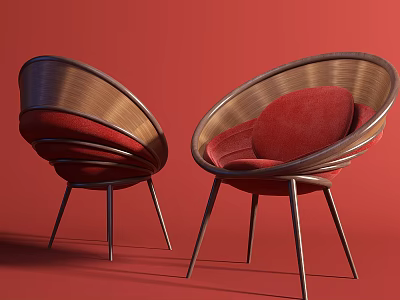 Two Modern Accent Chairs with Red Upholstery and Circular Metal Frame Design 3d model