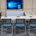 School Modern Classroom With Large Screens Wooden Walls White Podium Tables Chairs And Ceiling Lights