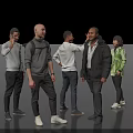 Group of People Standing Together Interacting in Various Clothing Against Black Background